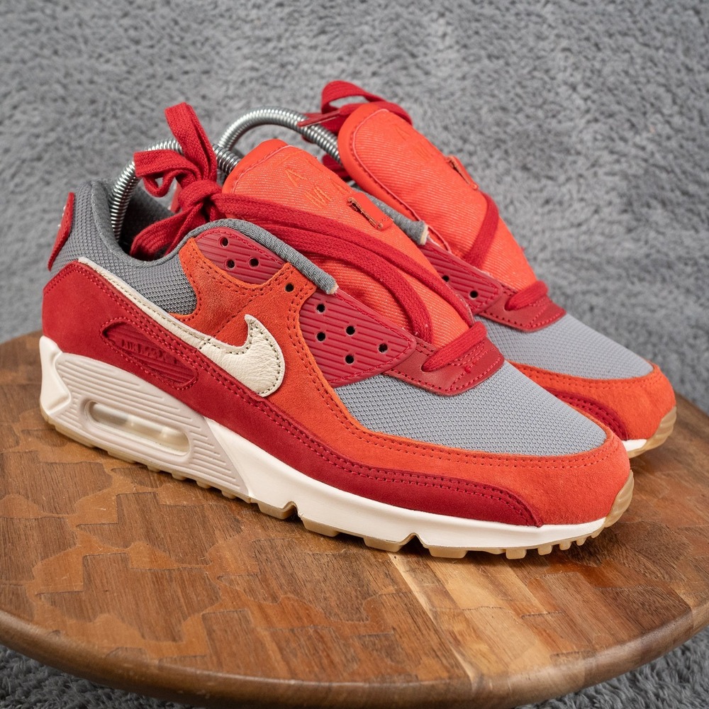 Nike Air Max 90 Premium Gym Red Smoke Grey Gum Men's Trainers Sz 7.5 DH4621-600